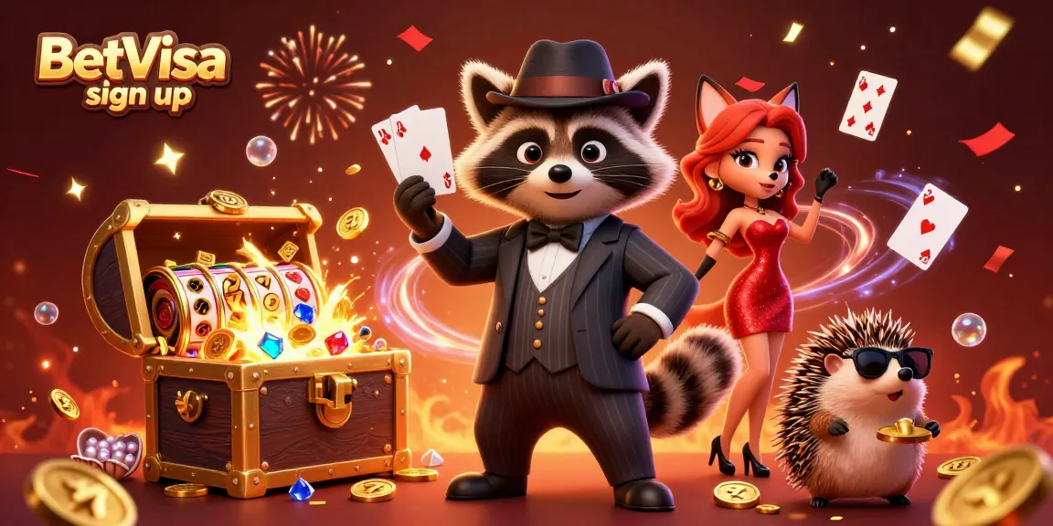 Join BetVisa sign up for exciting casino games with a charming raccoon and friends.