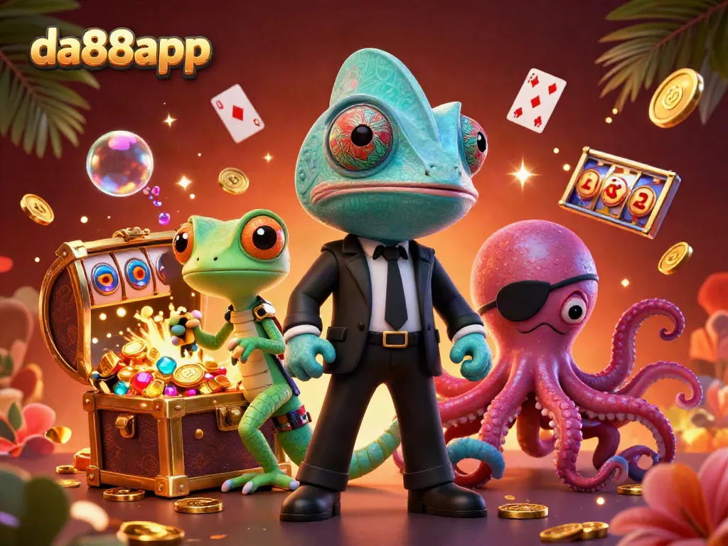 Join the action with da88app in this vibrant casino scene featuring a secret agent chameleon and his creative companions.