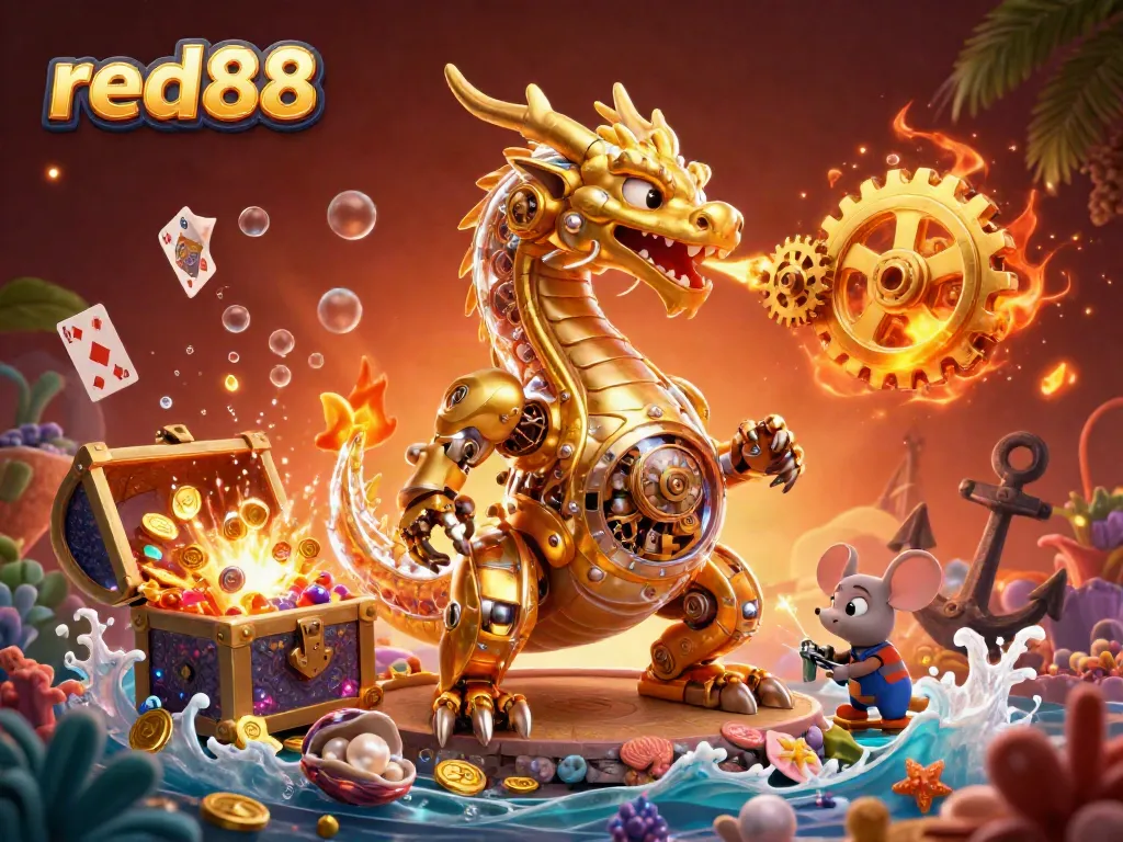 Experience excitement at red88 with a golden dragon, vibrant gems, and dynamic casino elements.