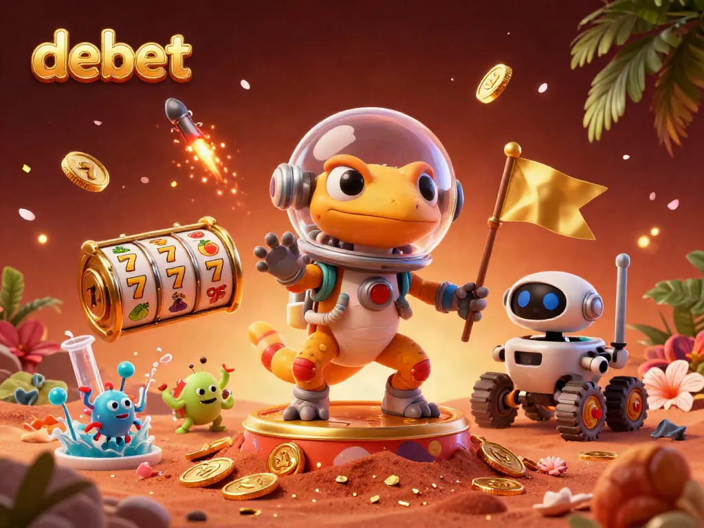 Experience the excitement of debet at a vibrant casino with a Martian gecko and dynamic game elements.