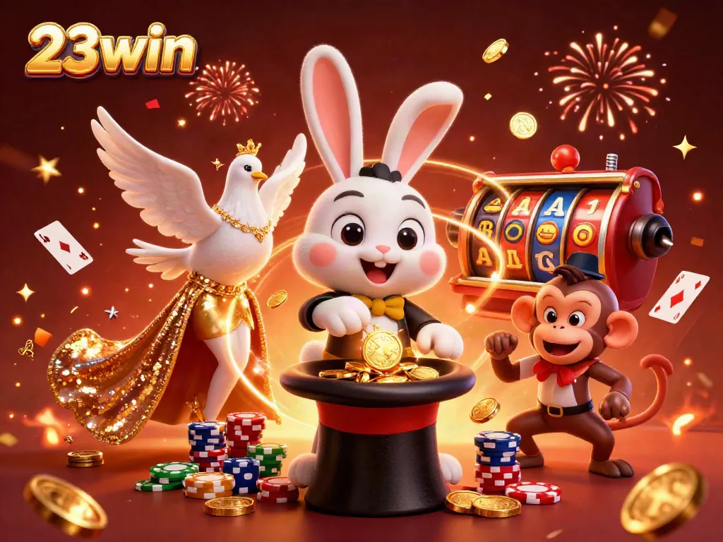 Engage with 23win's vibrant casino scene featuring a magician rabbit, sparkling coins, and playful gaming elements.