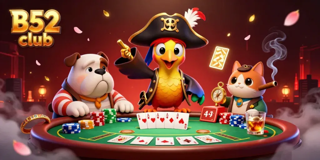 Engage with the B52 Club, showcasing vibrant 3D pirate characters at a lively poker table.
