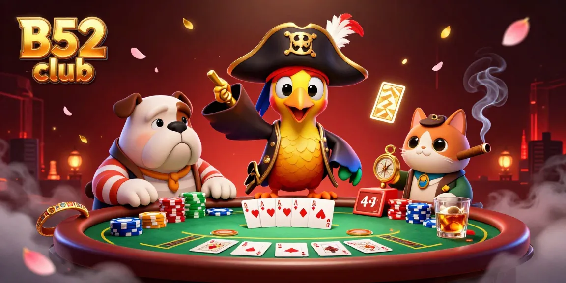 Engage with the B52 Club, showcasing vibrant 3D pirate characters at a lively poker table.