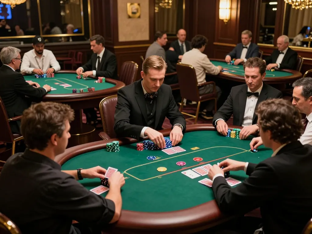 Fabet players strategizing during high-stakes poker tournament at luxurious casino venue.