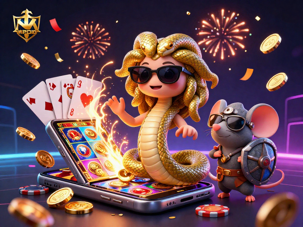 MPOID offers exciting slots with Medusa and a mouse in a vibrant casino-themed scene.