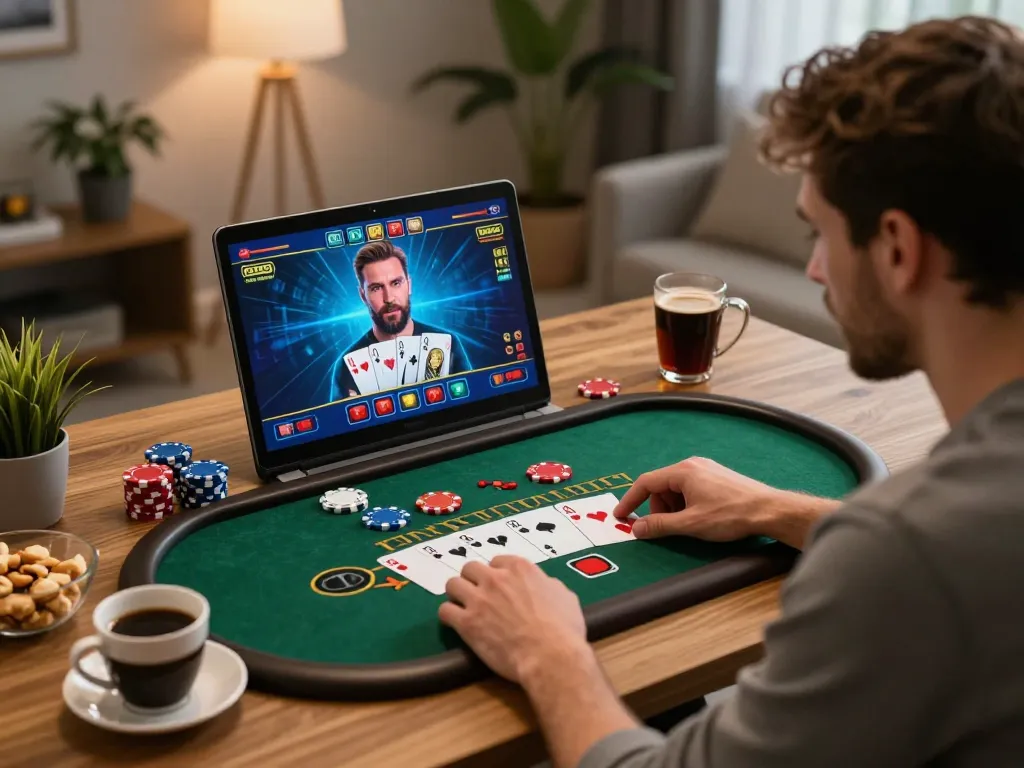Player enjoying gk88 live blackjack online with chips and cards visible, creating a vibrant home gaming atmosphere.