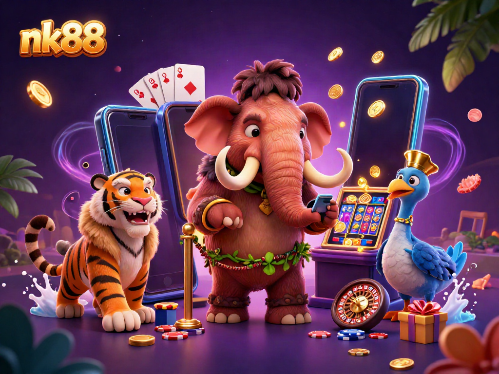 Experience nk88 at its finest with a colorful casino bouncer checking IDs while coins erupt from a slot game.