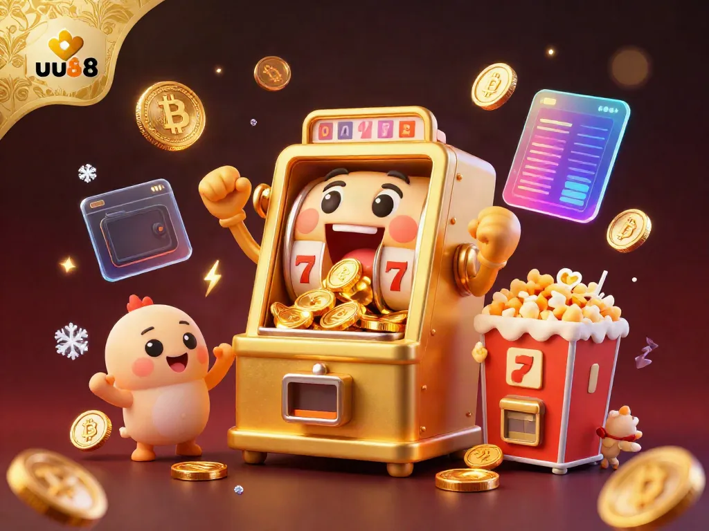 uu88 slot machine celebrates jackpot wins with surrounding crypto coins and cheering machines.