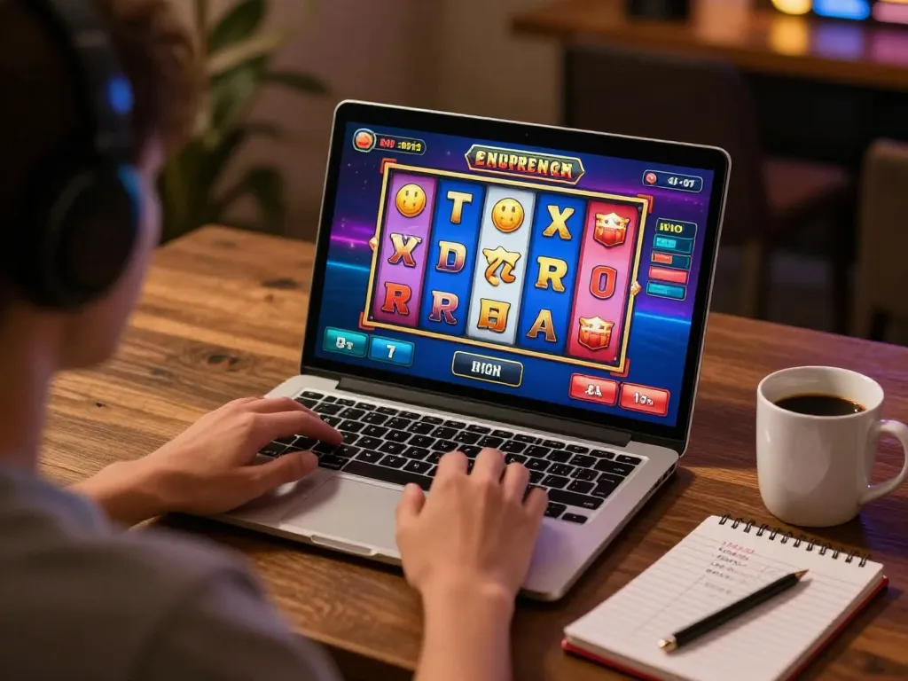 Player engages with emailcopyguru slot game on a laptop, showcasing strategy notes and responsible gaming.