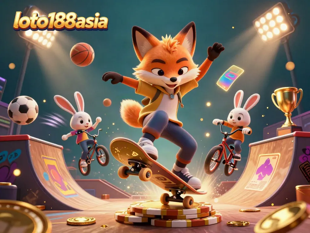 Engage in dynamic casino fun with loto188asia's vibrant fox and rabbit characters in an action-packed scene.