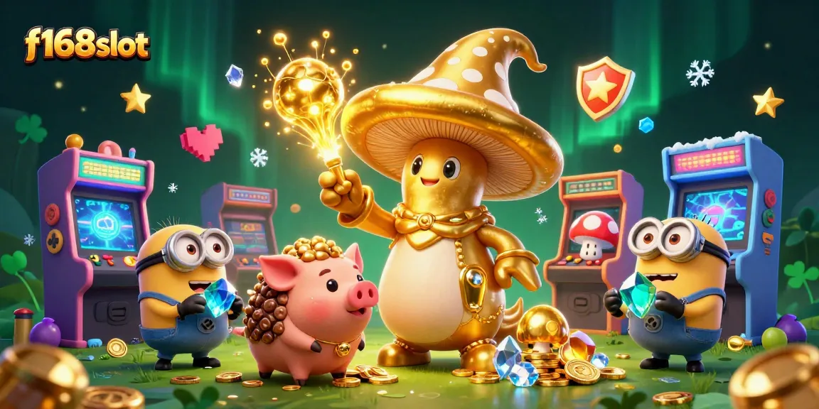 Experience thrilling gameplay with f168slot in a vibrant 3D casino illustration featuring magical characters and game elements.