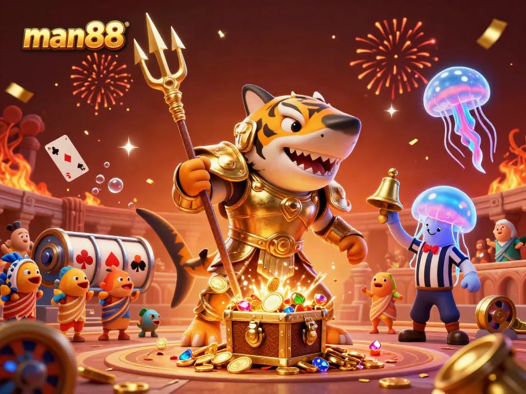 Experience the thrilling underwater world of man88 with a fierce tiger shark in gladiator armor amidst vibrant gaming elements.