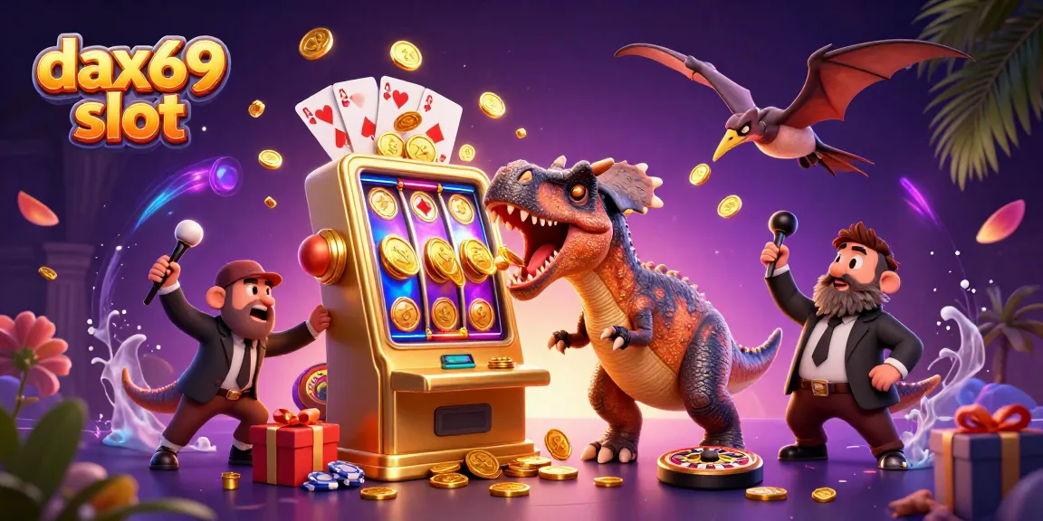 DAX69 slot menampilkan dinosaurus 3D yang menarik jackpot dari mesin slot, dengan manajer kasino panik dan koin terbang.
