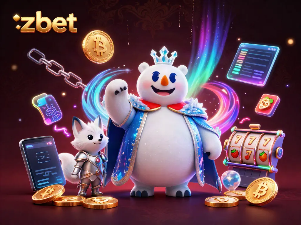 ZBET offers a vibrant casino experience with a cartoon polar bear and snow fox amidst neon crypto elements.