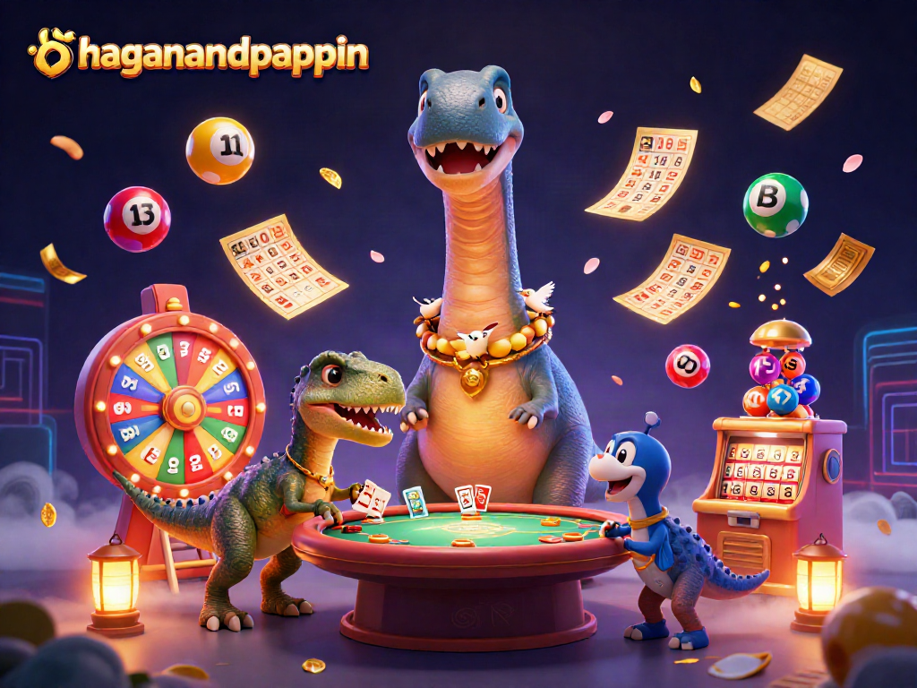Join the fun at haganandpappin as a clever raptor deals cards under a giant brontosaurus.