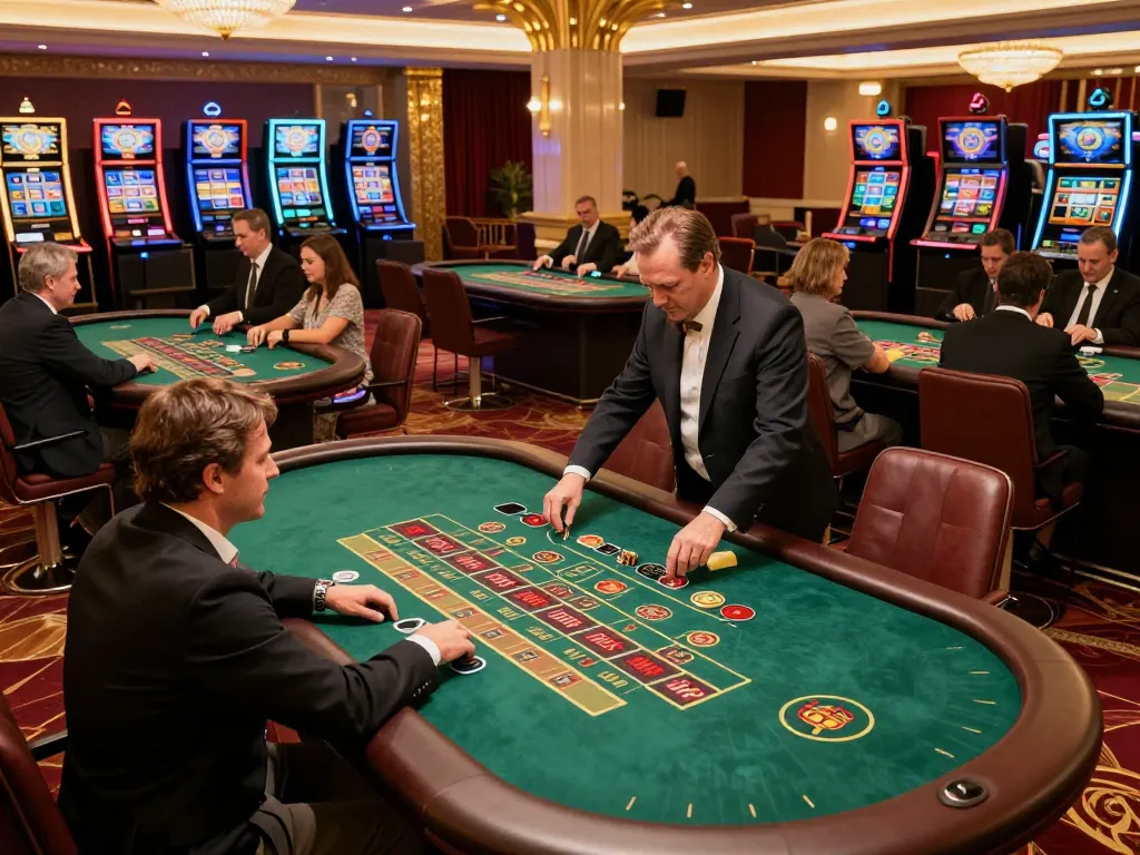 Dynamic casino scene at lecreusot-hotel with enthusiastic players at gaming tables, showcasing excitement and strategy.