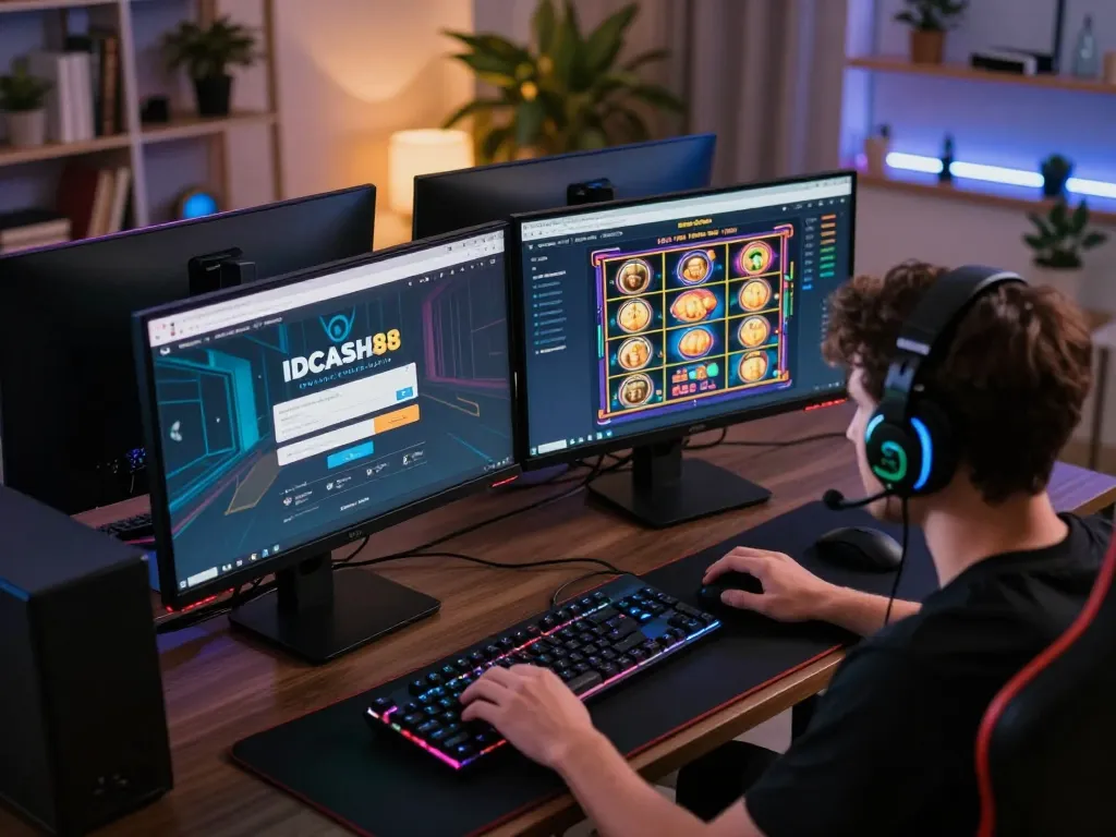 Engaging in online gameplay with IDCASH88 Login on dual monitors, enhancing strategic gambling experience