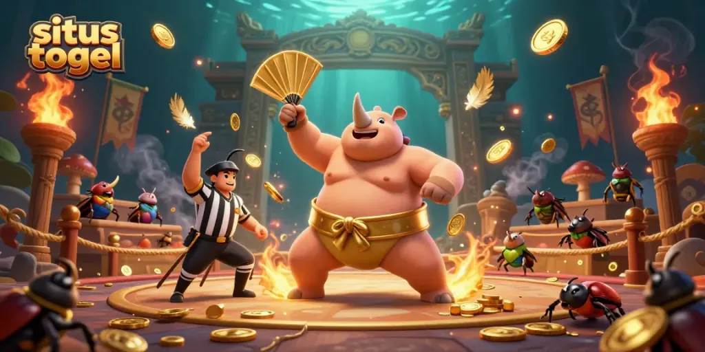 Experience the thrill of situs togel with a vibrant scene of a beetle sumo champion, gold coins flying.