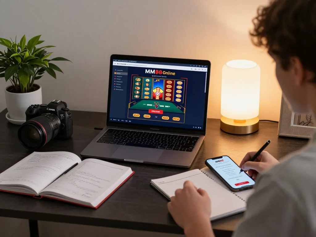Engaging MM88 online gambler analyzing strategies on a modern laptop setup.