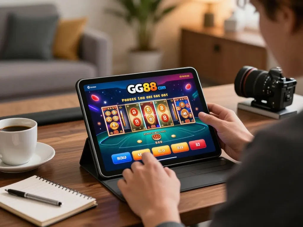Engaging with the GG88 com app while enjoying online casino games at home, showcasing strategy and leisure.