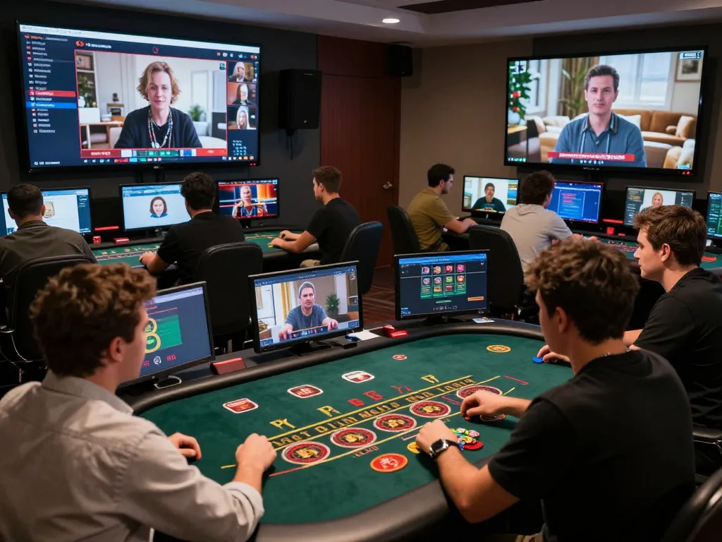 KJC players engaging in exciting online casino games, showcasing vibrant digital interfaces and social interaction.