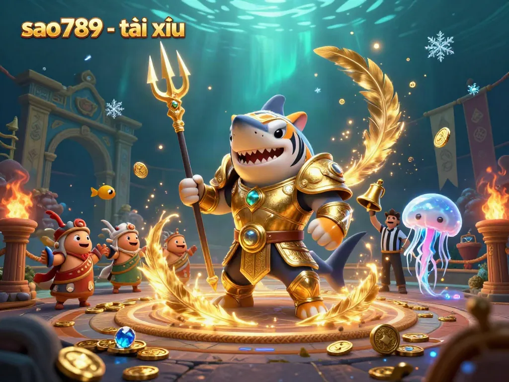 Experience the thrill of sao789 - tài xỉu with a dynamic scene featuring a golden shark and a lively underwater colosseum.