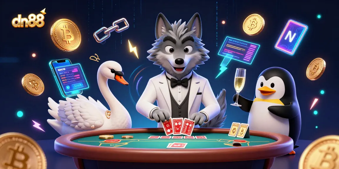 Win exciting games at dn88 with a 3D cartoon scene featuring remarkable characters and crypto elements.