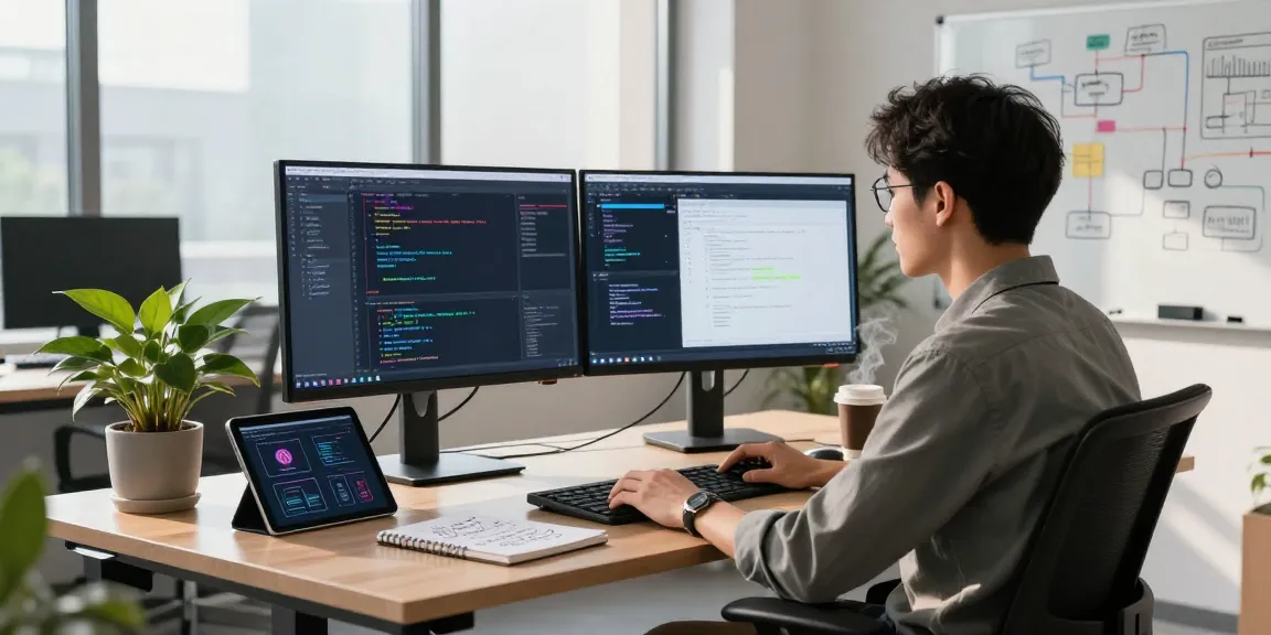 Developer focused on building internal tools with AI in a modern workspace, showcasing dual monitors with code and application design.