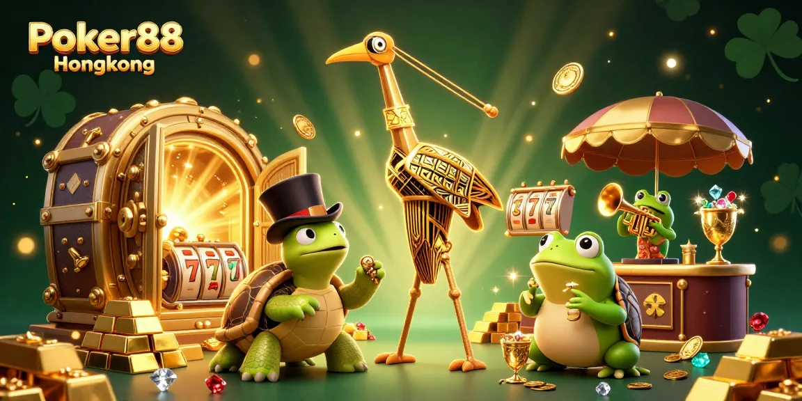 Engage with Poker88 Hongkong's vibrant gambling scene through a rich 3D illustration of thematic characters surrounded by abundant treasures.