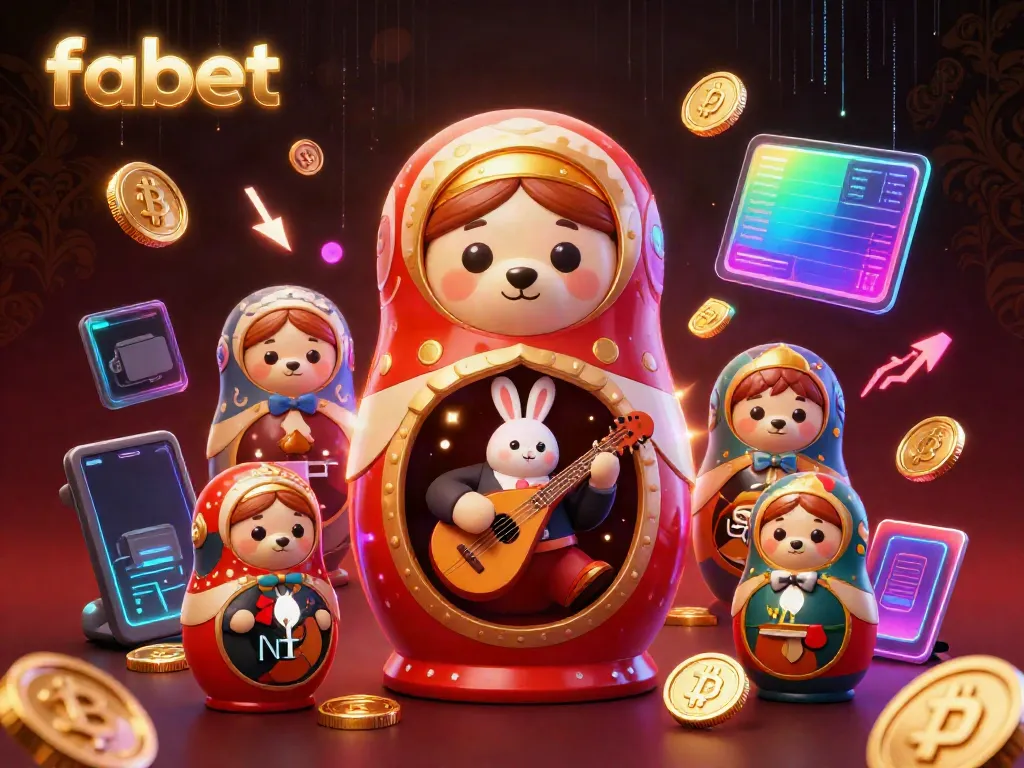 Fabet’s whimsical 3D cartoon scene showcases a Matryoshka bear and friends celebrating casino gaming with vibrant, dynamic elements.