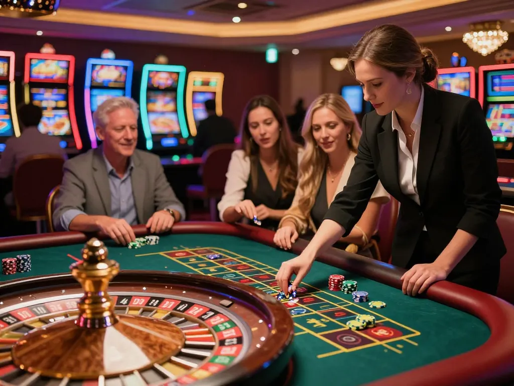 Experience thrilling roulette action at blueskybuds casino with players engaged and croupier spinning the wheel