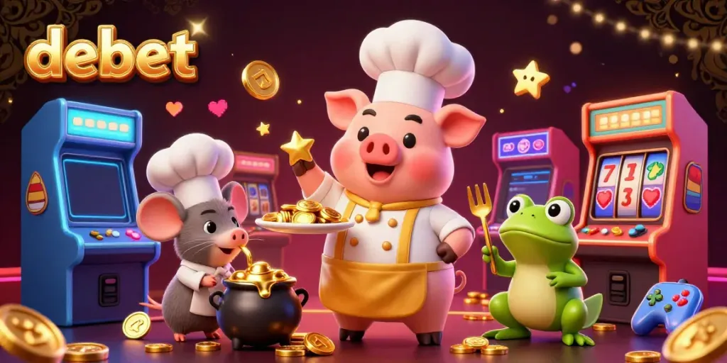 Bet on debet with a lively casino scene featuring a chef pig and gold coins.
