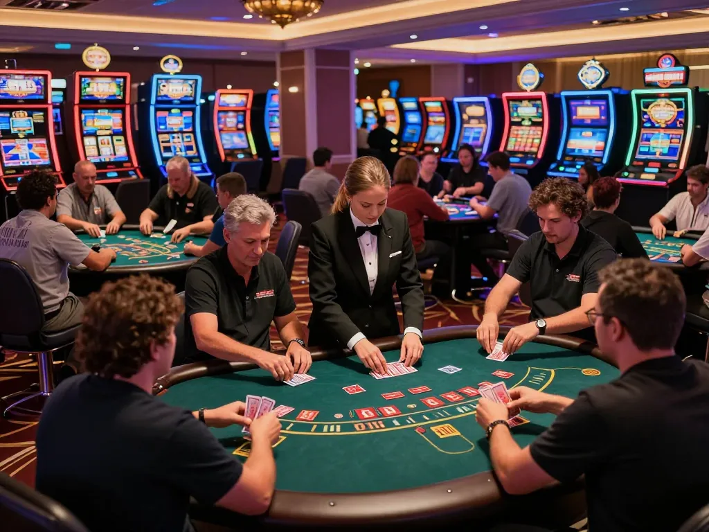 Engaged players at the bustling Trang chủ Bet88 casino floor, enjoying strategic gameplay and vibrant entertainment.