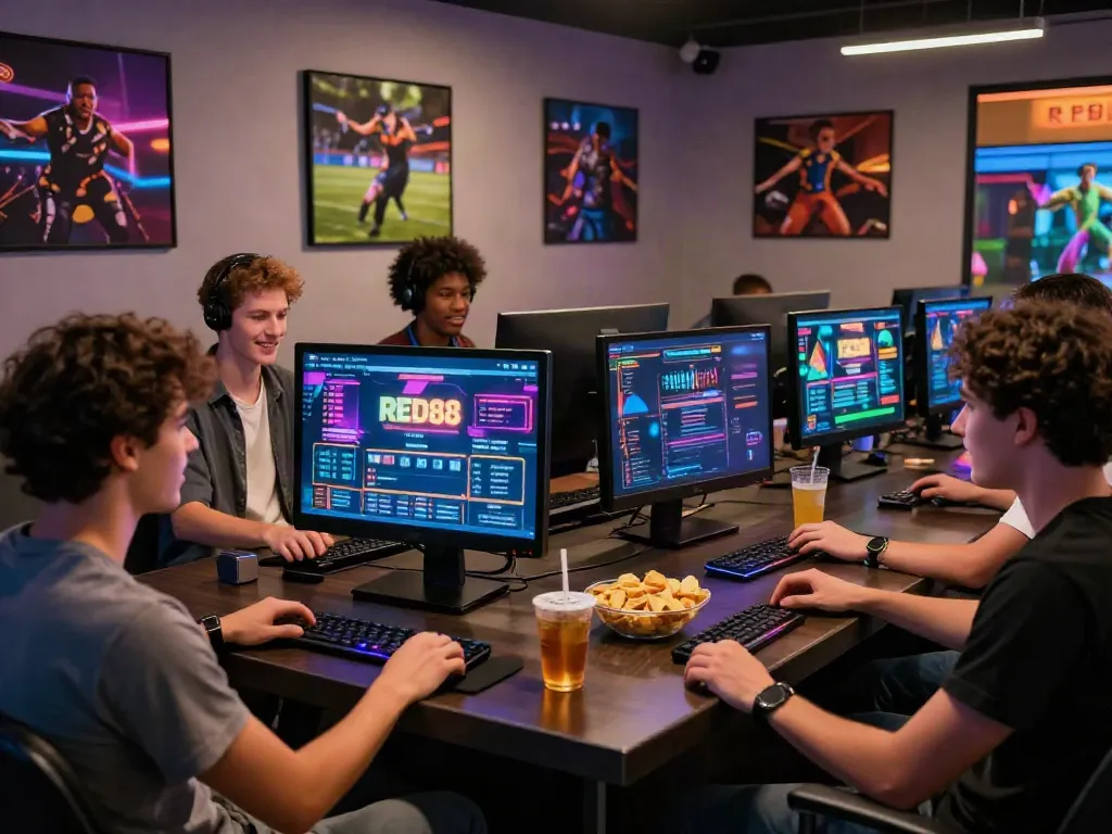 Friends enjoying a lively online betting experience at RED88 with engaging visuals.