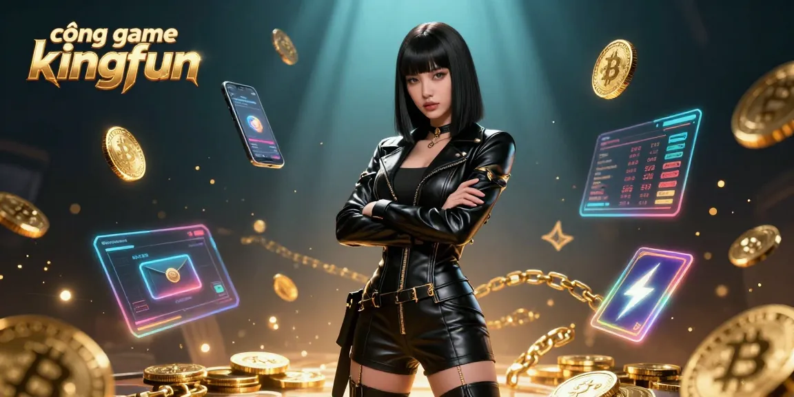 The cổng game kingfun offers an electrifying atmosphere with a stunning Asian woman at its center, showcasing Bitcoin and Ethereum elements alongside rich casino features.