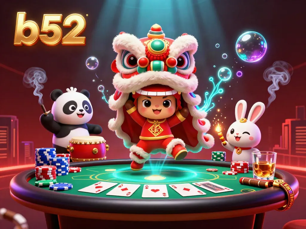 Engage in thrilling gameplay with b52 as a lion dance entertains around poker chips and cards, enhancing your casino experience.