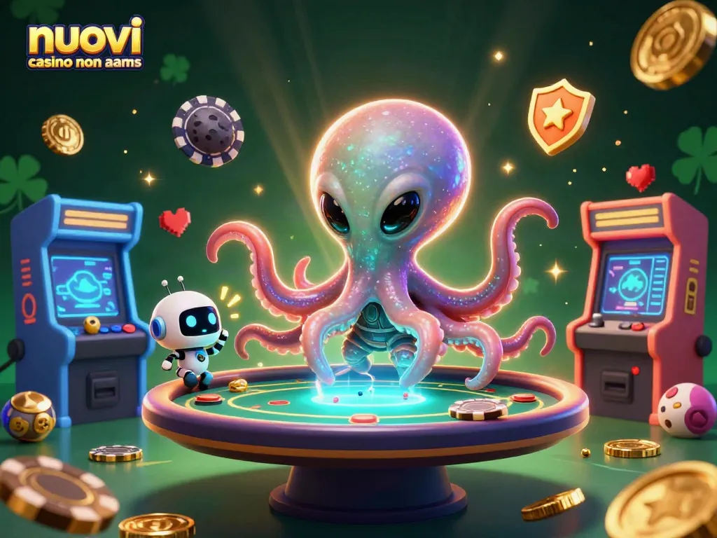 Gioca ai nuovi casino non AAMS con un polpo spaziale e robot in un'illustrazione 3D vivace.
