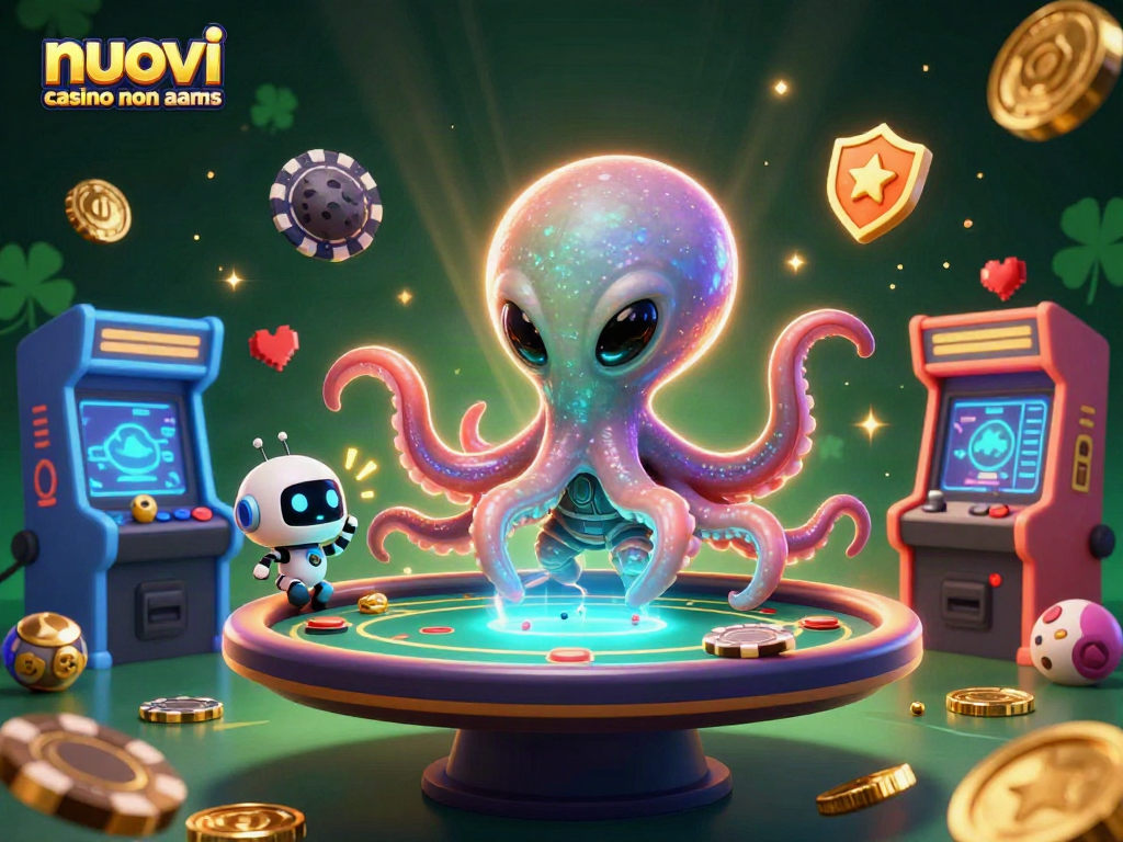 Gioca ai nuovi casino non AAMS con un polpo spaziale e robot in un'illustrazione 3D vivace.