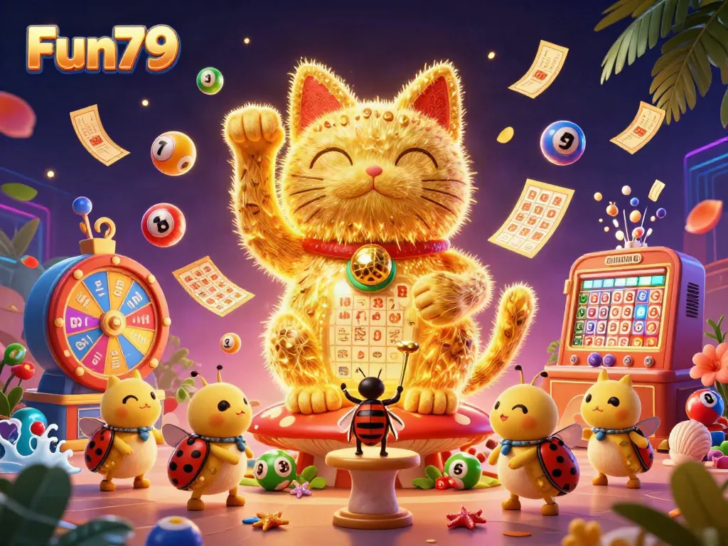 Experience excitement at Fun79 with a lively 3D illustration showcasing a lucky cat and vibrant casino elements.