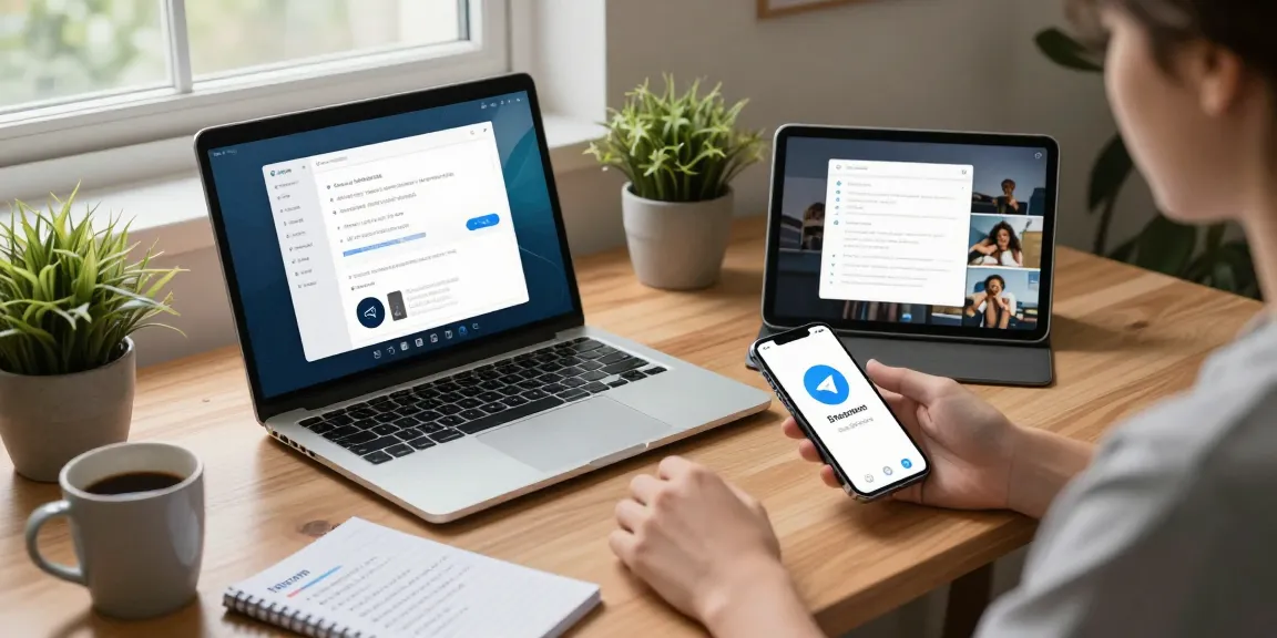 Downloading Telegram下载 on multiple devices in a cozy tech workspace.