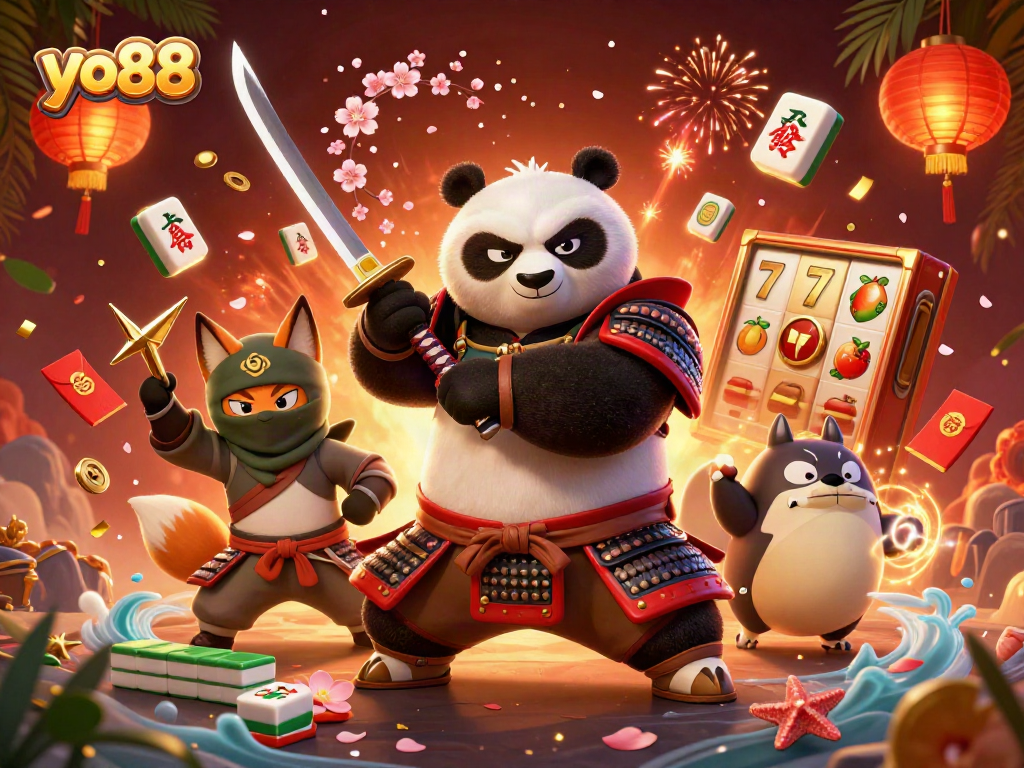 Engage with yo88 slots through a captivating 3D illustration featuring samurai panda and ninja fox.