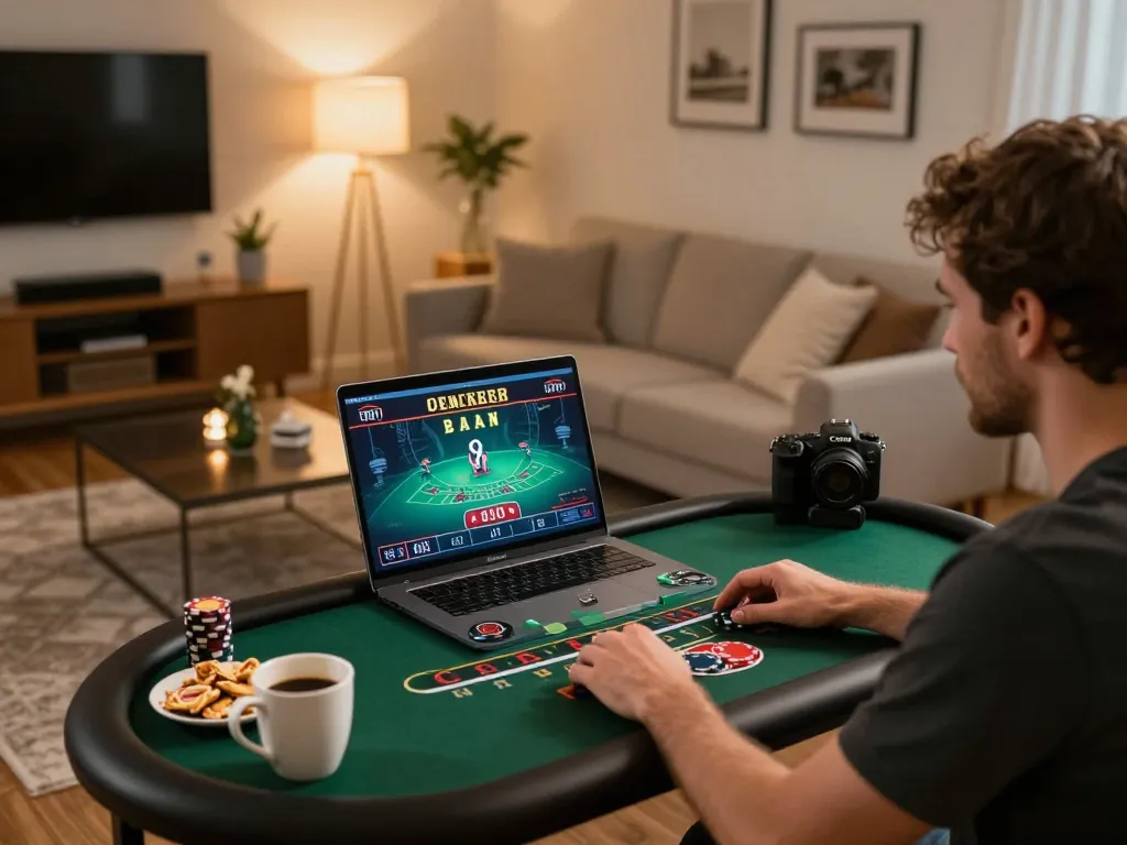 Playing blackjack on a laptop in a cozy home setting with donkeyotdenver integrated into the experience.