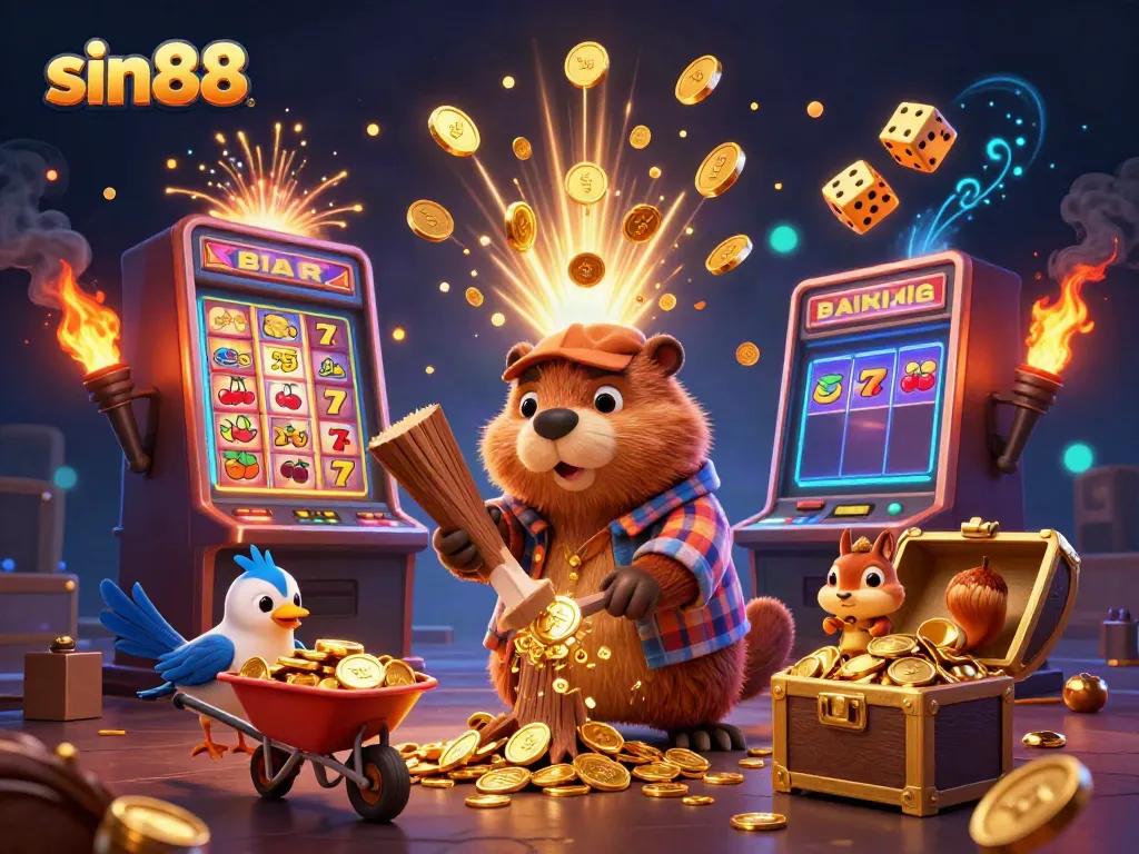 Experience sin88's exciting casino world with cartoon characters collecting golden rewards amidst vibrant slot machines.