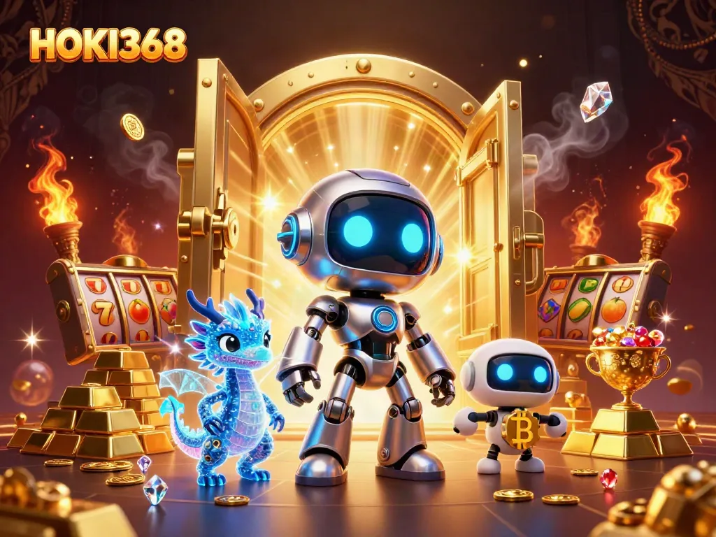 Experience the excitement of HOKI368 with a vibrant 3D cyberpunk casino scene filled with riches.