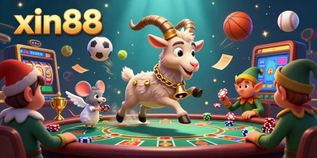 Experience the excitement of xin88 in a vibrant casino scene with Krampus and playful characters.