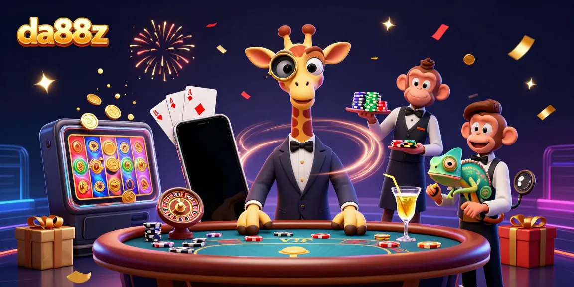 Experience thrilling wins at da88z with a high-roller giraffe, monkey valet, and chameleon bartender surrounded by colorful slot games and casino elements.