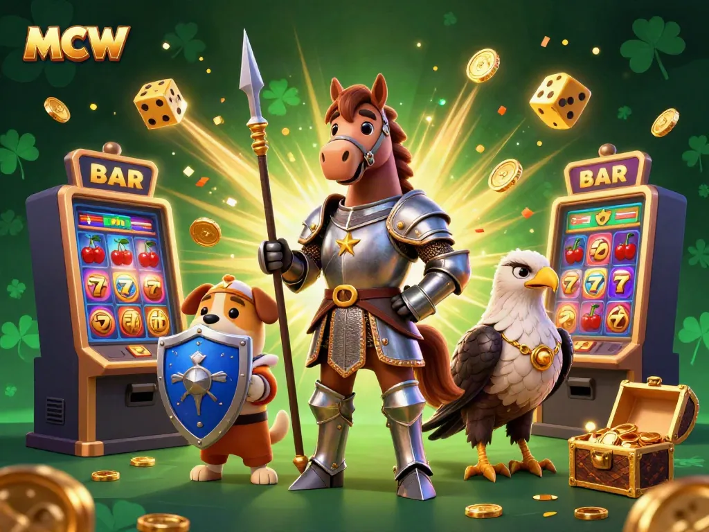 Experience the excitement of MCW Casino with a dynamic illustration showcasing a knight, puppy, and falcon amidst vibrant casino elements.