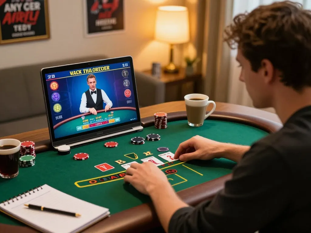 Player engaging in online blackjack at rr88, depicting strategic bets in a cozy home setting.