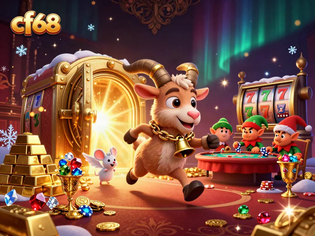 Engage with cf68's immersive holiday-horror casino experience featuring cartoon characters amidst slot reels and poker tables.