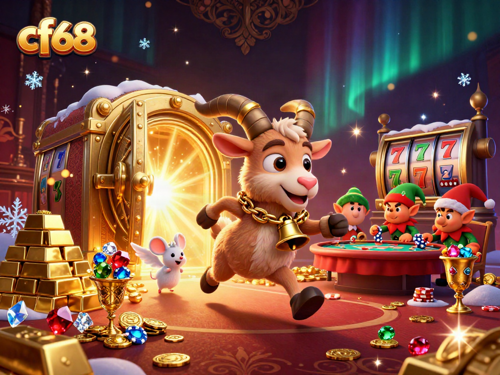 Engage with cf68's immersive holiday-horror casino experience featuring cartoon characters amidst slot reels and poker tables.